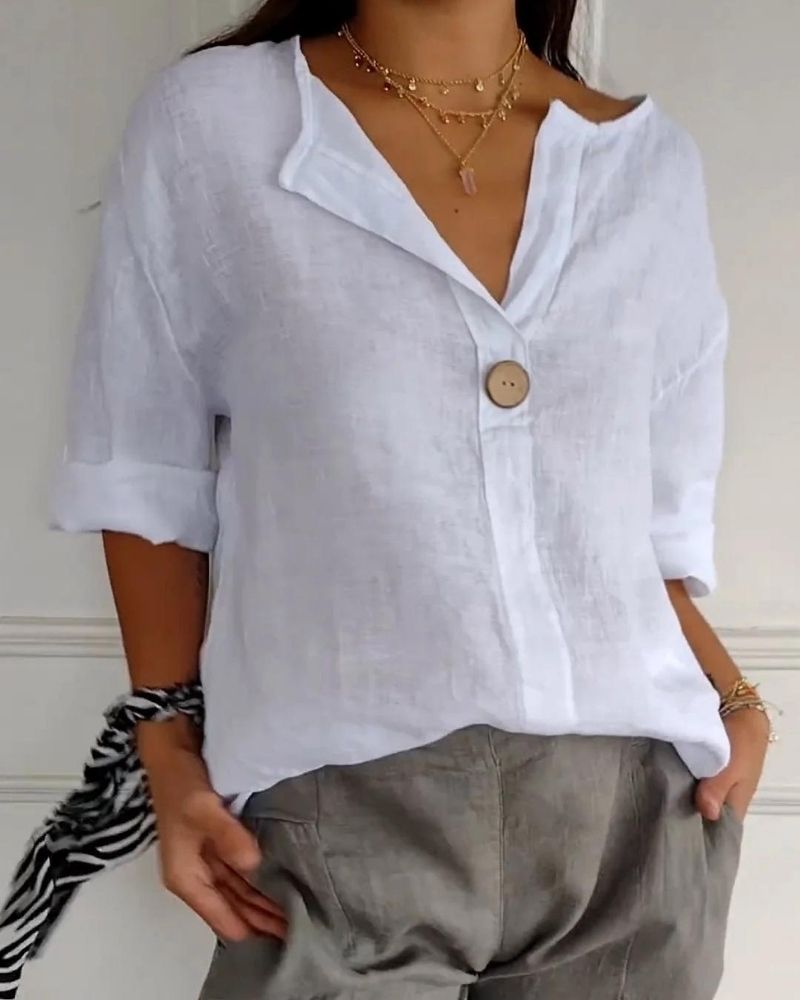 V-Neck Cotton-Linen Top